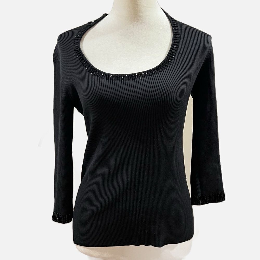 Cache ribbed long sleeved beaded silk shirt